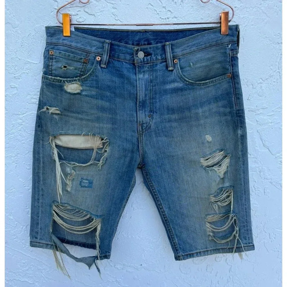 Levi Strauss 511 Mens Vintage Distressed Stretch Denim Shorts Blue Sz L - Picture 1 of 12
